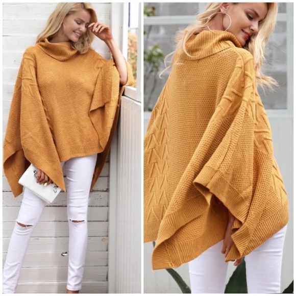 CLEARANCE Camel Textured Turtleneck Sweater Knit Cape - Picture 2 of 3